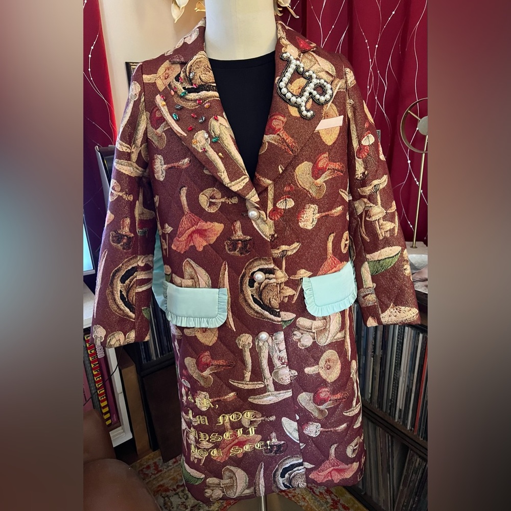 Unlogical Poem Alice in Wonderland Quilted Coat with Pearls, Jewels, Pillow.